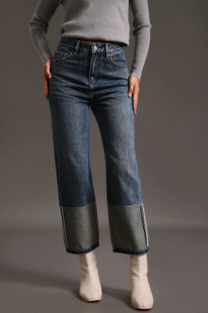 Yüksek bel düz kesim kot pantolon, mavi denim fabric