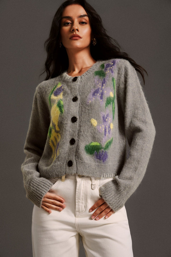 Yuvarlak yaka, uzun kollu, çiçek desenli bluz, yün karışımı