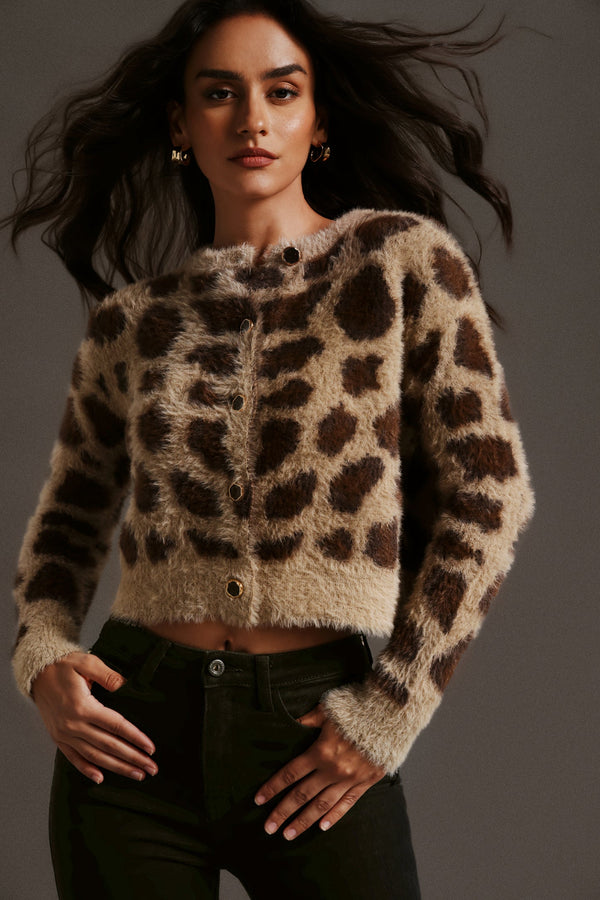 Leopar desenli yuvarlak yaka uzun kollu bluz, polyester fiber.