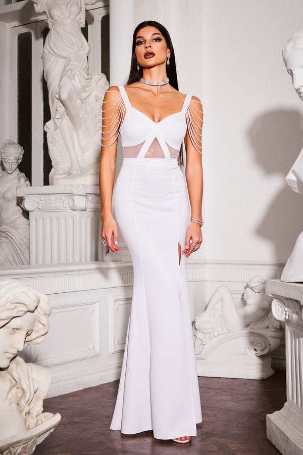 Taş Detaylı Cut-Out Beyaz Maxi Elbise