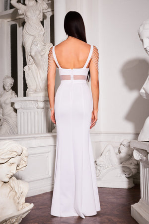 Taş Detaylı Cut-Out Beyaz Maxi Elbise