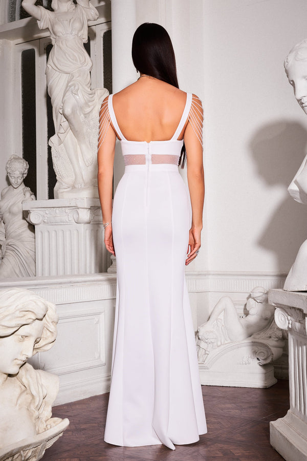 Taş Detaylı Cut-Out Beyaz Maxi Elbise