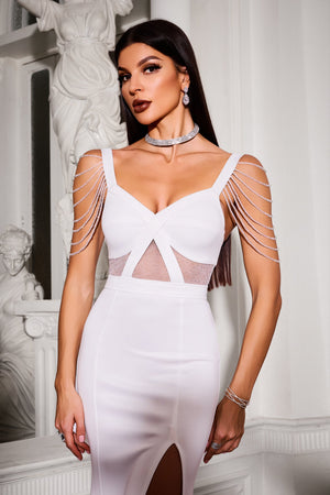 Taş Detaylı Cut-Out Beyaz Maxi Elbise