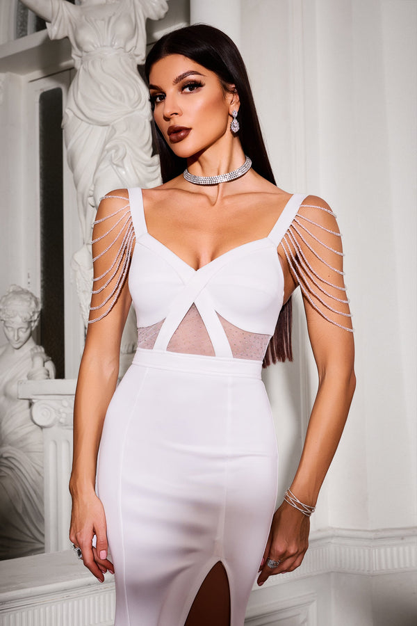Taş Detaylı Cut-Out Beyaz Maxi Elbise