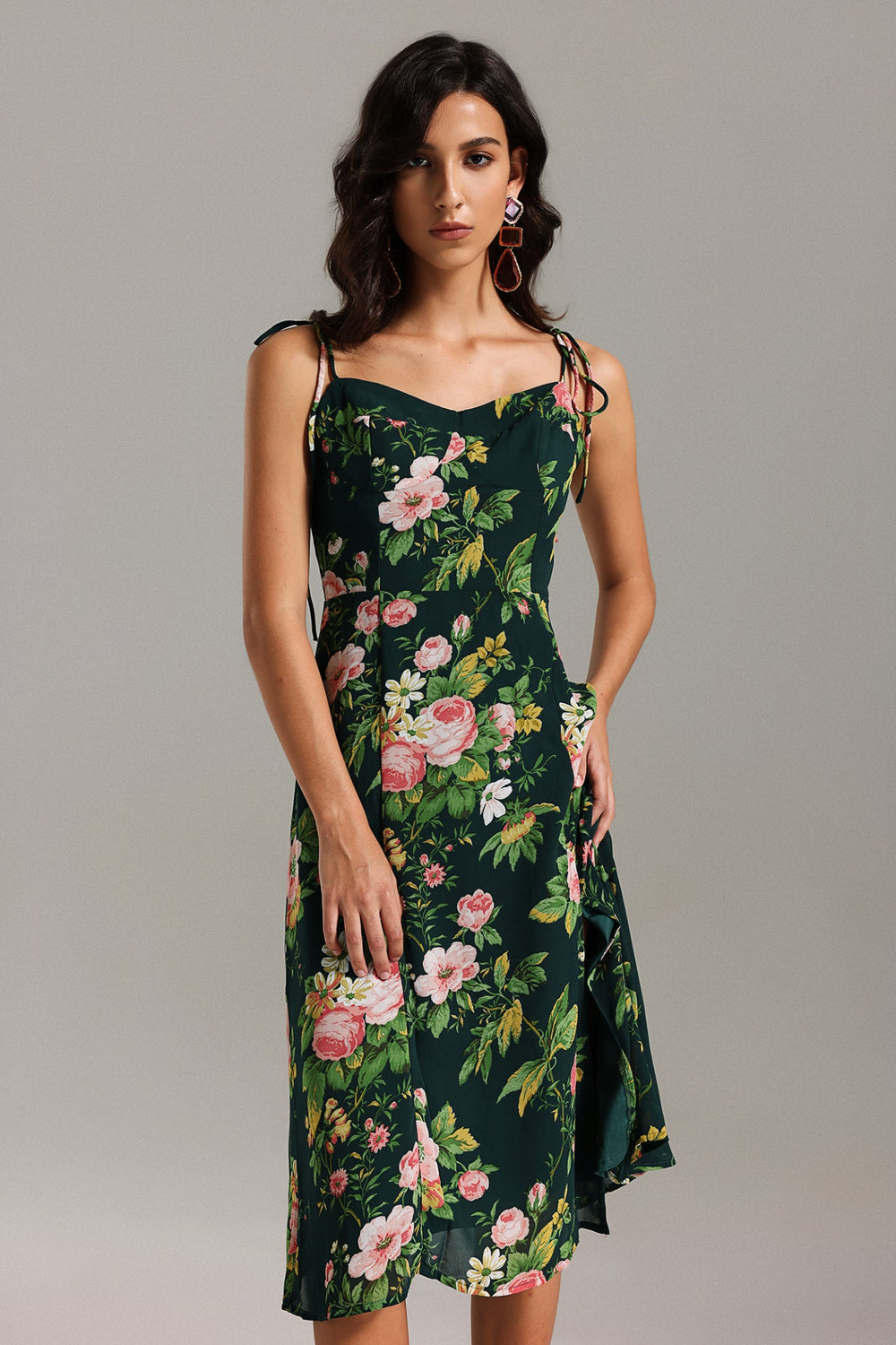 Radmila çiçek desenli polyester maxi elbise, makinede yıkanabilir
