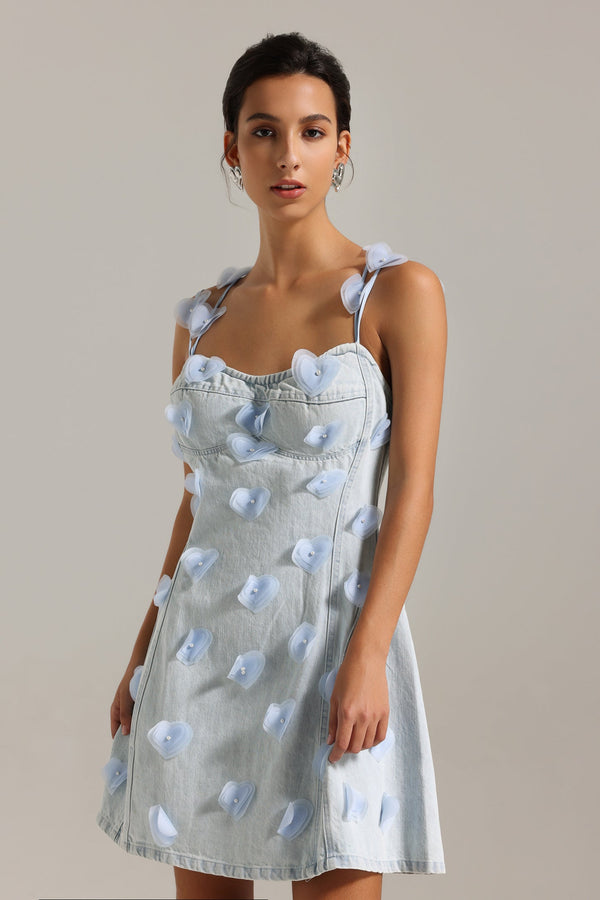 Olivia Çiçek Desenli Halter Yaka Kot Mini Elbise
