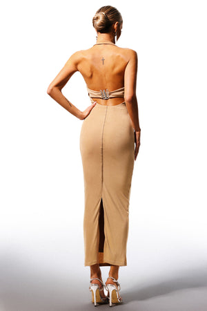 Quany Halter Yaka Kolsuz V Yaka Maksi Elbise