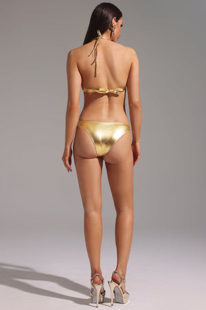 Volanlı V-Yaka Taş Detaylı Halter Bikini