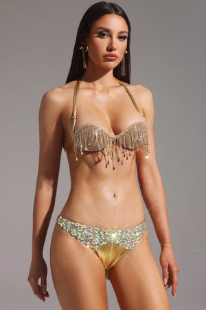 Volanlı V-Yaka Taş Detaylı Halter Bikini