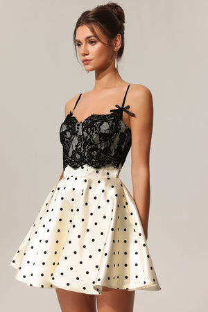 Kapol Puantiyeli Dantel Halter Mini Elbise
