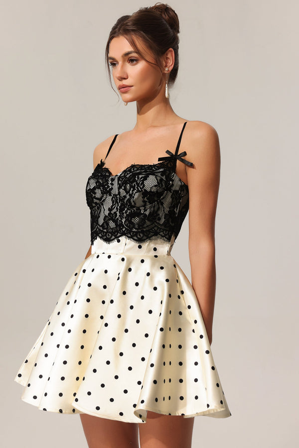 Kapol Puantiyeli Dantel Halter Mini Elbise