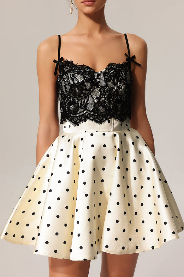 Kapol Puantiyeli Dantel Halter Mini Elbise