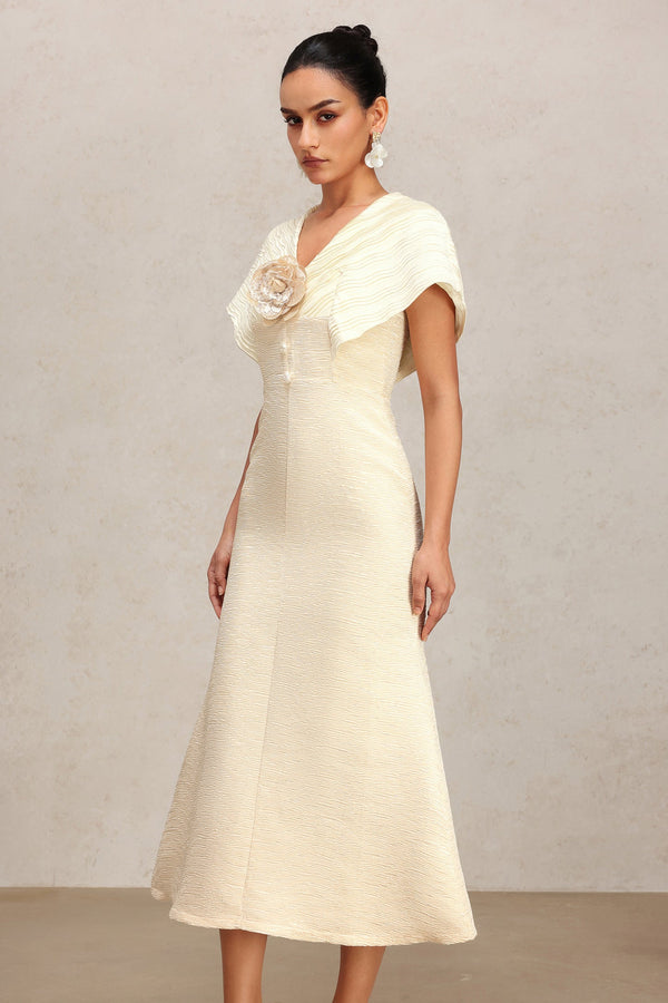 Rora V Yaka Çiçek Desenli Fishtail Midi Elbise
