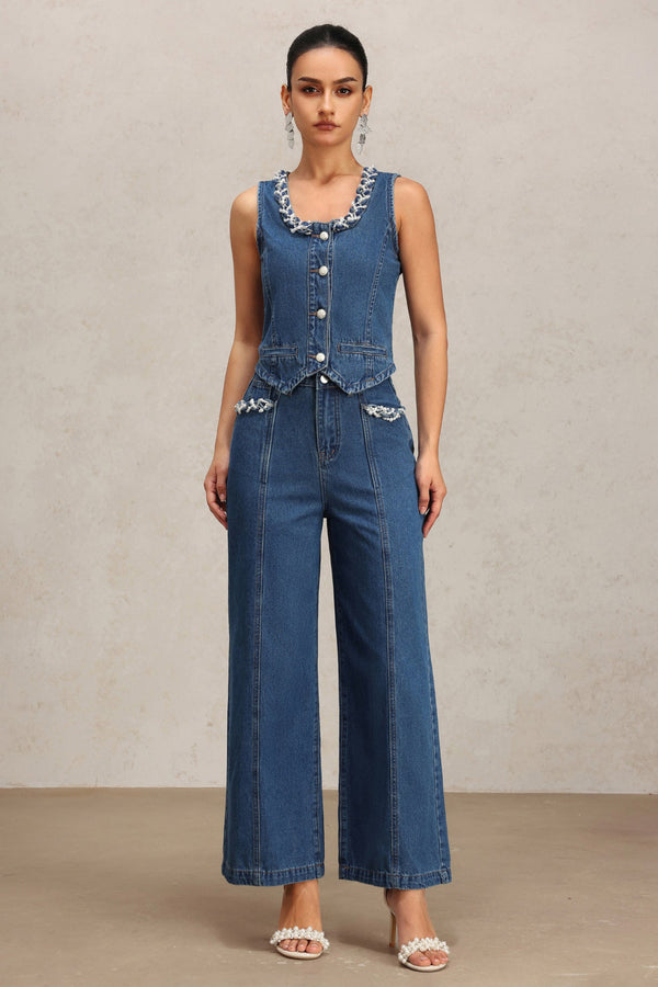 Denim kolsuz yelek ve pantolon ikili takım, mavi renkli.