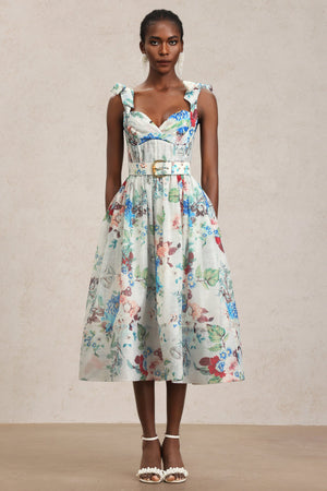 Floral desenli halter yaka midi elbise, çok renkli.