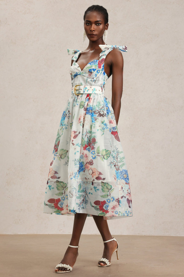 Floral Desenli Halter Yaka Midi Elbise