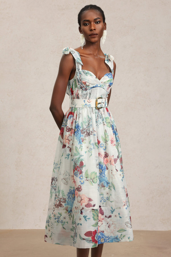 Floral Desenli Halter Yaka Midi Elbise