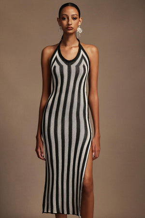 Felia V Yaka Kolsuz Yırtmaçlı Midi Elbise