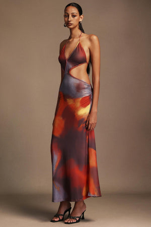 Edeline Kolsuz Açık Yaka Baskılı Maxi Elbise