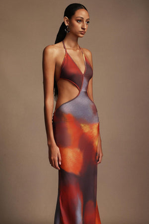 Edeline Kolsuz Açık Yaka Baskılı Maxi Elbise