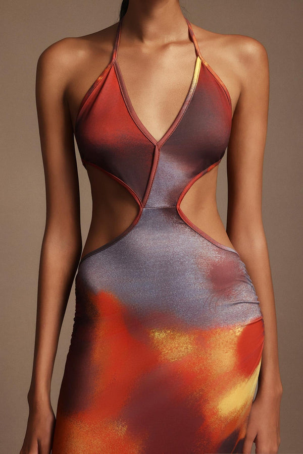 Edeline Kolsuz Açık Yaka Baskılı Maxi Elbise