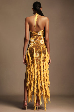 Uri Halter Yaka Kolsuz Volanlı Maxi Elbise