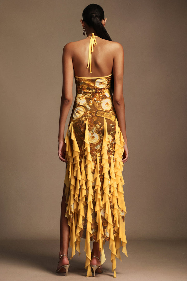 Uri Halter Yaka Kolsuz Volanlı Maxi Elbise