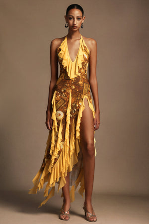 Volanlı halter yaka maxi elbise, kolsuz tasarım