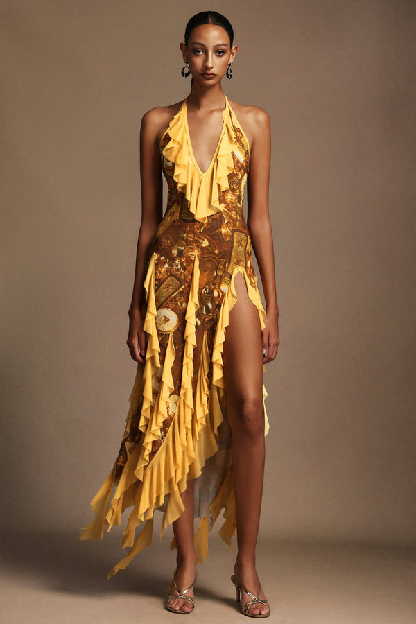 Volanlı halter yaka maxi elbise, kolsuz tasarım