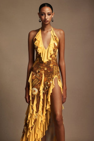 Uri Halter Yaka Kolsuz Volanlı Maxi Elbise