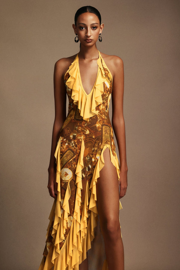 Uri Halter Yaka Kolsuz Volanlı Maxi Elbise