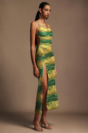 Irana Baskılı Yırtmaçlı Açık Sırtlı Midi Elbise