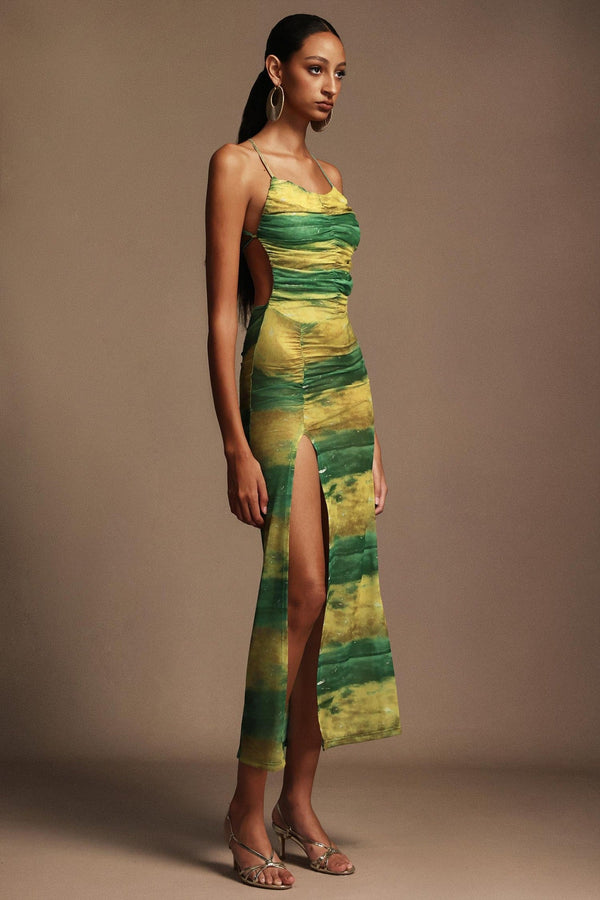 Irana Baskılı Yırtmaçlı Açık Sırtlı Midi Elbise