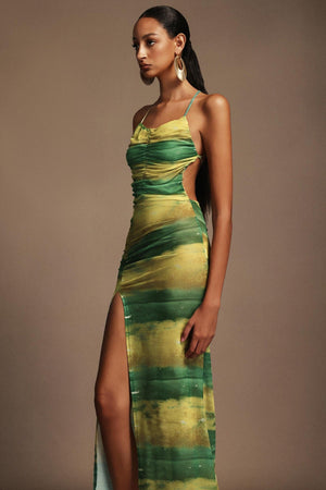 Irana Baskılı Yırtmaçlı Açık Sırtlı Midi Elbise