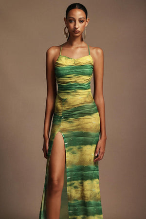 Irana Baskılı Yırtmaçlı Açık Sırtlı Midi Elbise