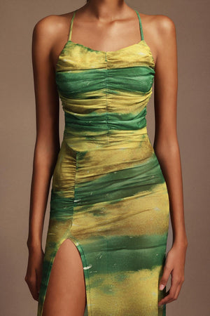 Irana Baskılı Yırtmaçlı Açık Sırtlı Midi Elbise