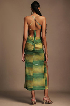 Irana Baskılı Yırtmaçlı Açık Sırtlı Midi Elbise