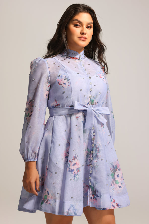 Taş Detaylı Çiçek Desenli Mini Elbise