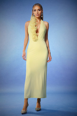 Derin V Yaka Çiçek Desenli Halter Maksi Elbise