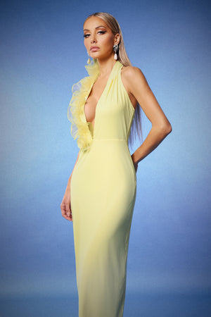 Derin V Yaka Çiçek Desenli Halter Maksi Elbise