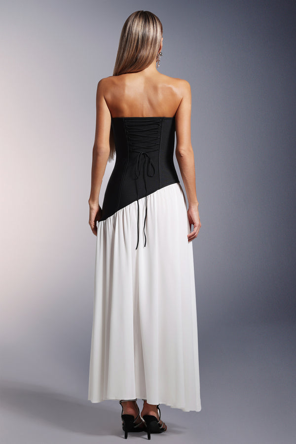 Bacak Yarıklı Straplez Bandaj Maksi Elbise