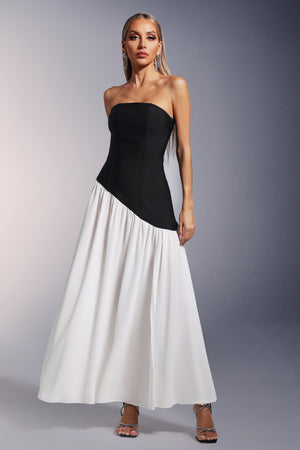 Bacak Yarıklı Straplez Bandaj Maksi Elbise