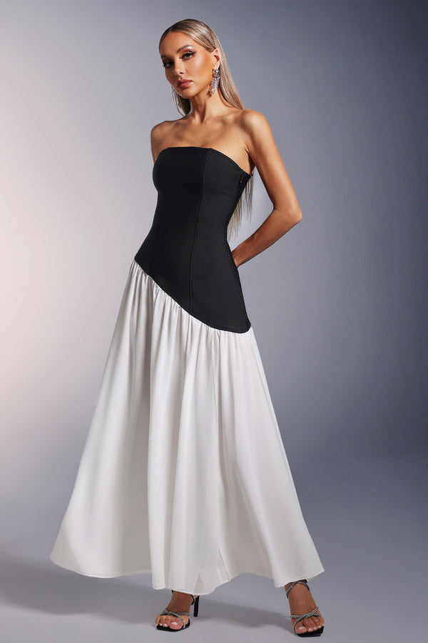 Bacak Yarıklı Straplez Bandaj Maksi Elbise