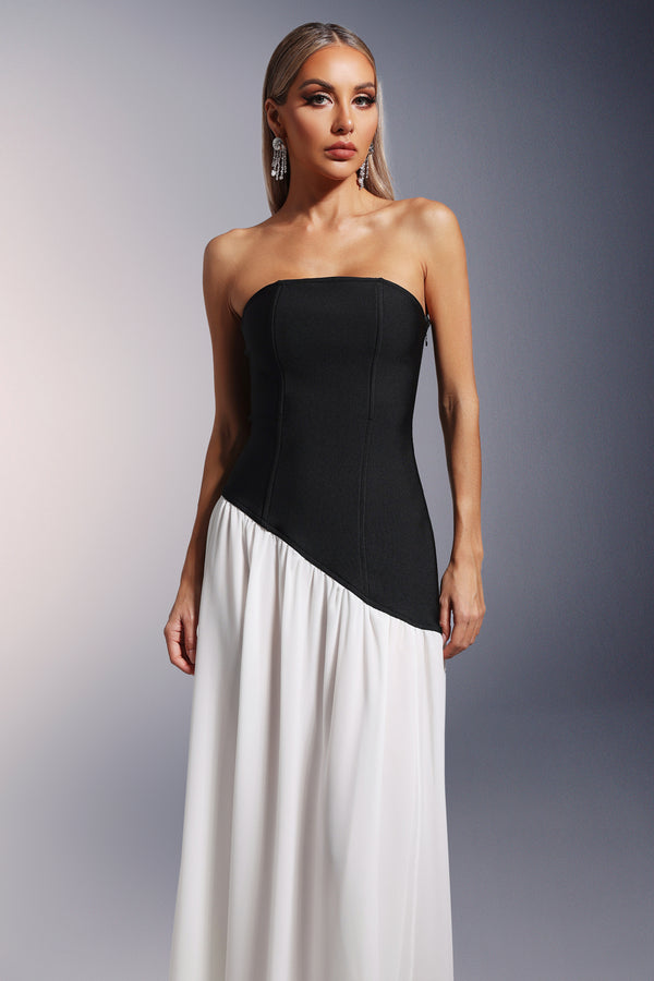 Bacak Yarıklı Straplez Bandaj Maksi Elbise