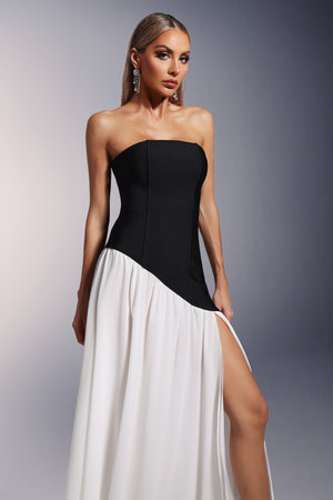 Bacak Yarıklı Straplez Bandaj Maksi Elbise