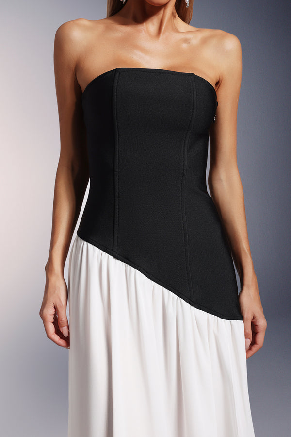 Bacak Yarıklı Straplez Bandaj Maksi Elbise