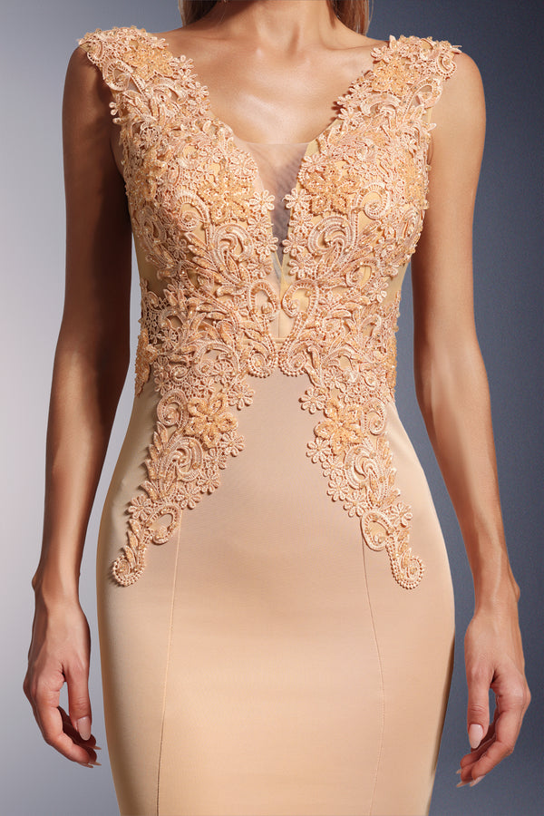 Tia Dantelli Derin V Yaka Kuyruklu Maksi Elbise