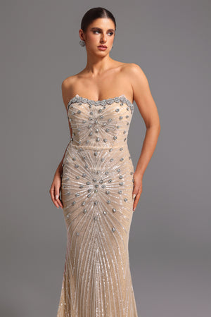 Kori Taş İşlemeli Kolsuz Uzun Elbise