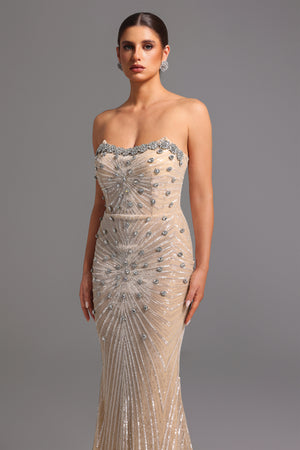 Kori Taş İşlemeli Kolsuz Uzun Elbise