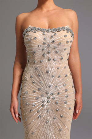 Kori Taş İşlemeli Kolsuz Uzun Elbise